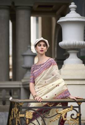 White Designer Weaving Soft Linen Saree With Blouse 2