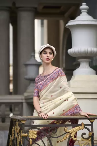 White Designer Weaving Soft Linen Saree With Blouse