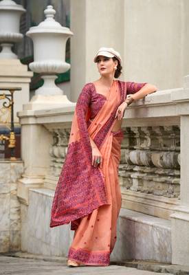 Orange Designer Weaving Soft Linen Saree With Blouse 1
