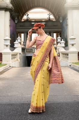 Yellow Designer Weaving Soft Linen Saree With Blouse 1