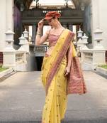 Yellow Designer Weaving Soft Linen Saree With Blouse