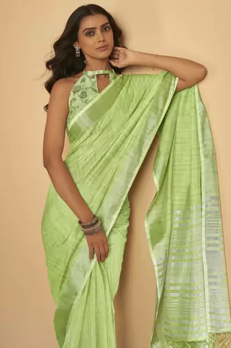 Light green plain linen saree with blouse
