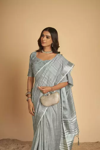 Grey plain linen saree with blouse