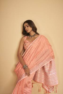 Pink plain linen saree with blouse 6