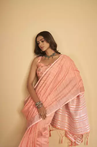 Pink plain linen saree with blouse
