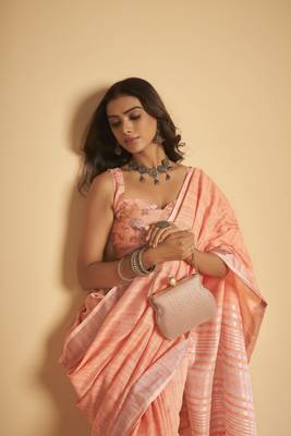 Pink plain linen saree with blouse 7