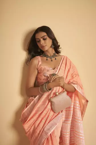 Pink plain linen saree with blouse