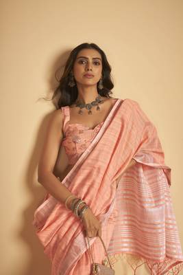Pink plain linen saree with blouse 8