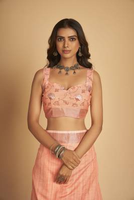 Pink plain linen saree with blouse 9