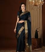 Designer Navy Blue Weaving Zari Patta Work Organza Saree
