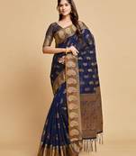 Navy Blue Zari Woven Design Chanderi Cotton Saree