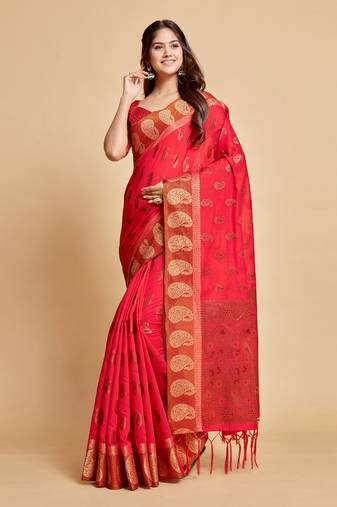 Pink Zari Woven Design Chanderi Cotton Saree