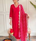 Rani pink chanderi thread embroidery work with printed dupatta kurta pant set