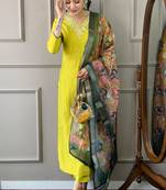 Lime viscose chanderi thread embroidery work with printed dupatta kurta pant set