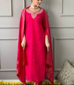 Rani pink viscose chanderi thread embroidery work with jacquard woven dupatta kurta pant set