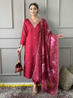 Rani pink viscose chanderi thread embroidery work with printed dupatta kurta pant set 1