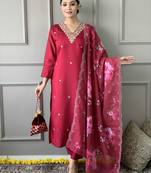 Rani pink viscose chanderi thread embroidery work with printed dupatta kurta pant set