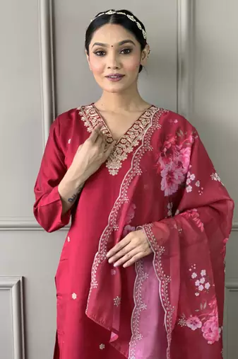 Rani pink viscose chanderi thread embroidery work with printed dupatta kurta pant set