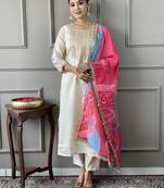 Off white viscose chanderi thread embroidery work with printed dupatta kurta pant set