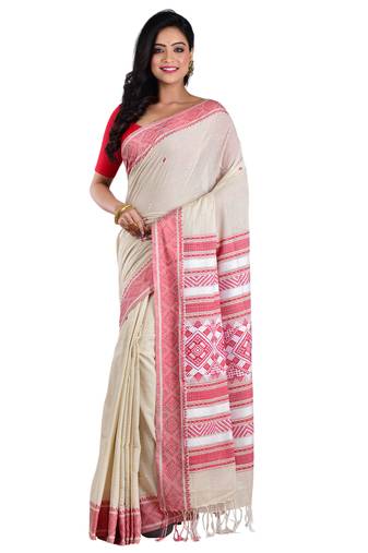Aishani Collection Woven Mercerise Pure Cotton Heavy Work Handloom Saree with bp(Off White,Red) 