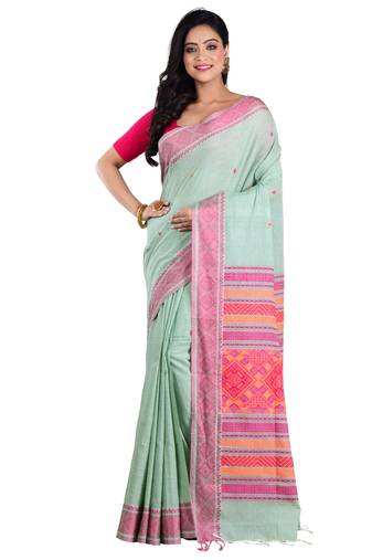 Aishani Collection Woven Mercerise Pure Cotton Heavy Work  Handloom Saree with bp(Maroon, Beige) 