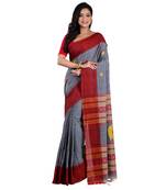 Aishani Collection Woven Mercerise Pure Cotton Buta Motif Handloom Saree with bp(Grey, Red) 
