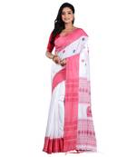 Aishani Collection Woven Mercerise Pure Cotton Kulo Motif handloom Saree with bp(White, Red) 