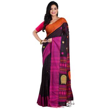 Aishani Collection Woven Mercerise Pure Cotton Kulo Motif Handloom Saree with bp(Black, Multicolor)  1