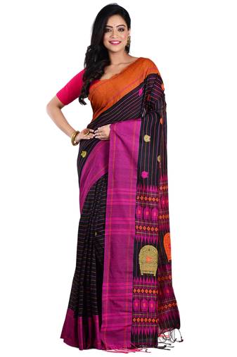 Aishani Collection Woven Mercerise Pure Cotton Kulo Motif Handloom Saree with bp(Black, Multicolor) 