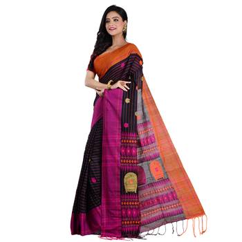 Aishani Collection Woven Mercerise Pure Cotton Kulo Motif Handloom Saree with bp(Black, Multicolor)  2