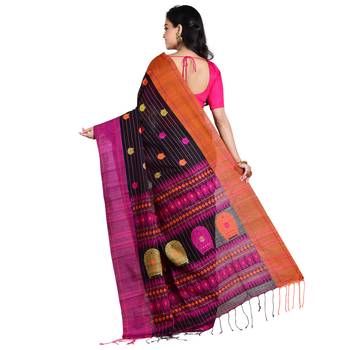Aishani Collection Woven Mercerise Pure Cotton Kulo Motif Handloom Saree with bp(Black, Multicolor)  3
