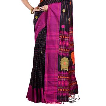 Aishani Collection Woven Mercerise Pure Cotton Kulo Motif Handloom Saree with bp(Black, Multicolor)  4
