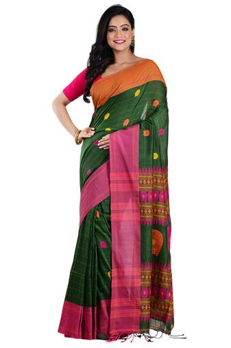 Aishani Collection Woven Mercerise Pure Cotton ButaWork Handloom Saree with bp (Green,Multicolor) 