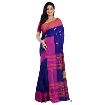 Aishani Collection Woven Mercerise Pure Cotton Buta Work Handloom Saree  with bp(Blue, Multicolor)  1