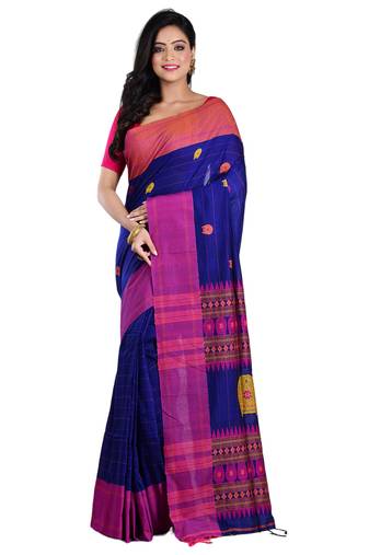 Aishani Collection Woven Mercerise Pure Cotton Buta Work Handloom Saree  with bp(Blue, Multicolor) 