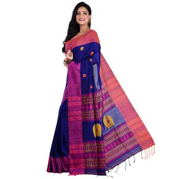 Aishani Collection Woven Mercerise Pure Cotton Buta Work Handloom Saree  with bp(Blue, Multicolor)  2