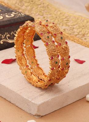 Divine Elegance: Gold-Plated Bangles with Lakshmi Motifs and Gemstone Accents 1