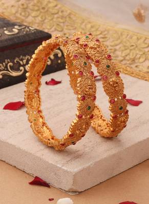 Divine Elegance: Gold-Plated Bangles with Lakshmi Motifs and Gemstone Accents 2