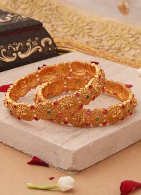 Divine Elegance: Gold-Plated Bangles with Lakshmi Motifs and Gemstone Accents 3