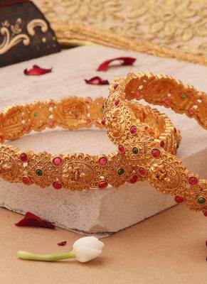 Divine Elegance: Gold-Plated Bangles with Lakshmi Motifs and Gemstone Accents 4