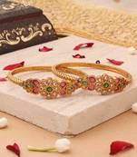 Charming Blossom: Thin Gold-Plated Bangle with Pink Flower and Gemstone Accents