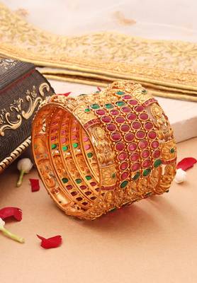 Goddess Radiance: Broad Gold-Plated Bangle with Intricate Motif and Gemstone Accents 1
