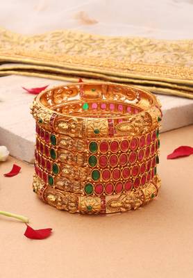 Goddess Radiance: Broad Gold-Plated Bangle with Intricate Motif and Gemstone Accents 2