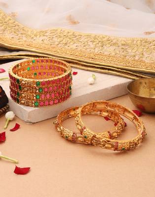Goddess Radiance: Broad Gold-Plated Bangle with Intricate Motif and Gemstone Accents 3