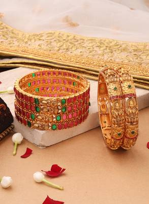 Goddess Radiance: Broad Gold-Plated Bangle with Intricate Motif and Gemstone Accents 4