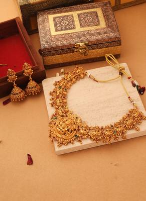 Exquisite Gold-Plated Temple Necklace Set with Goddess Motif | Traditional South Indian Jewellery 1