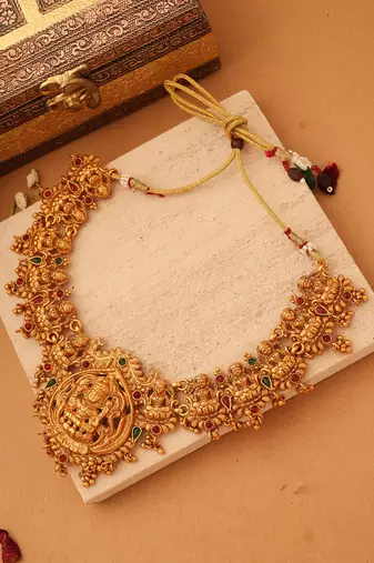 Exquisite Gold-Plated Temple Necklace Set with Goddess Motif | Traditional South Indian Jewellery