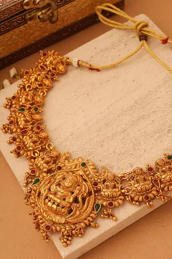 Exquisite Gold-Plated Temple Necklace Set with Goddess Motif | Traditional South Indian Jewellery