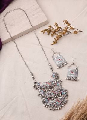 Oxidized Necklace Set with Meenakari Pendant for Navratri 3