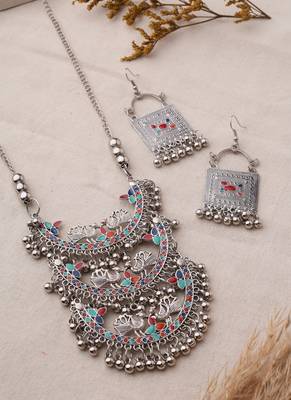 Oxidized Necklace Set with Meenakari Pendant for Navratri 1